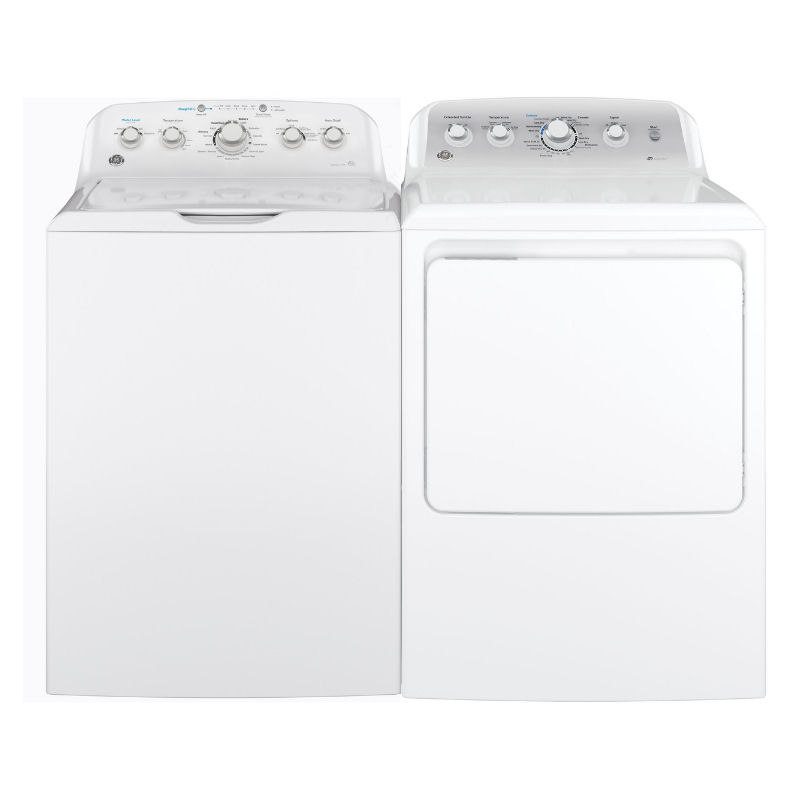 GE GTW465ASNWW + GTD45GASJWS: Top Load Washer and Gas Dryer Set